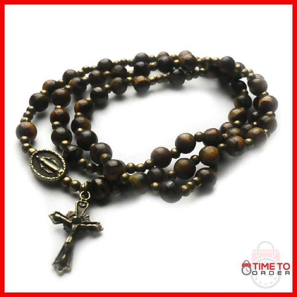 Genuine Tiger Eye Stone Rosary Bracelet Stretchable 5-Decade